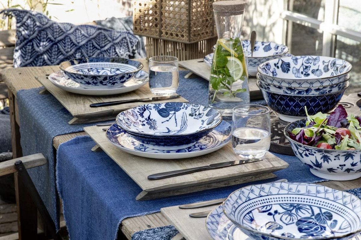 Grote Japanse Theemok met Ginko Flora Patroon, Blauw en Wit Keramiek