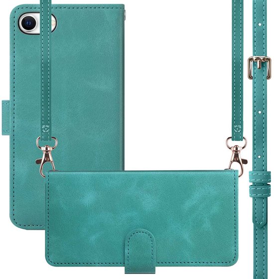 Turquoise telefoonhoesje met afneembaar koord, met gespen en karabijnhaken.
