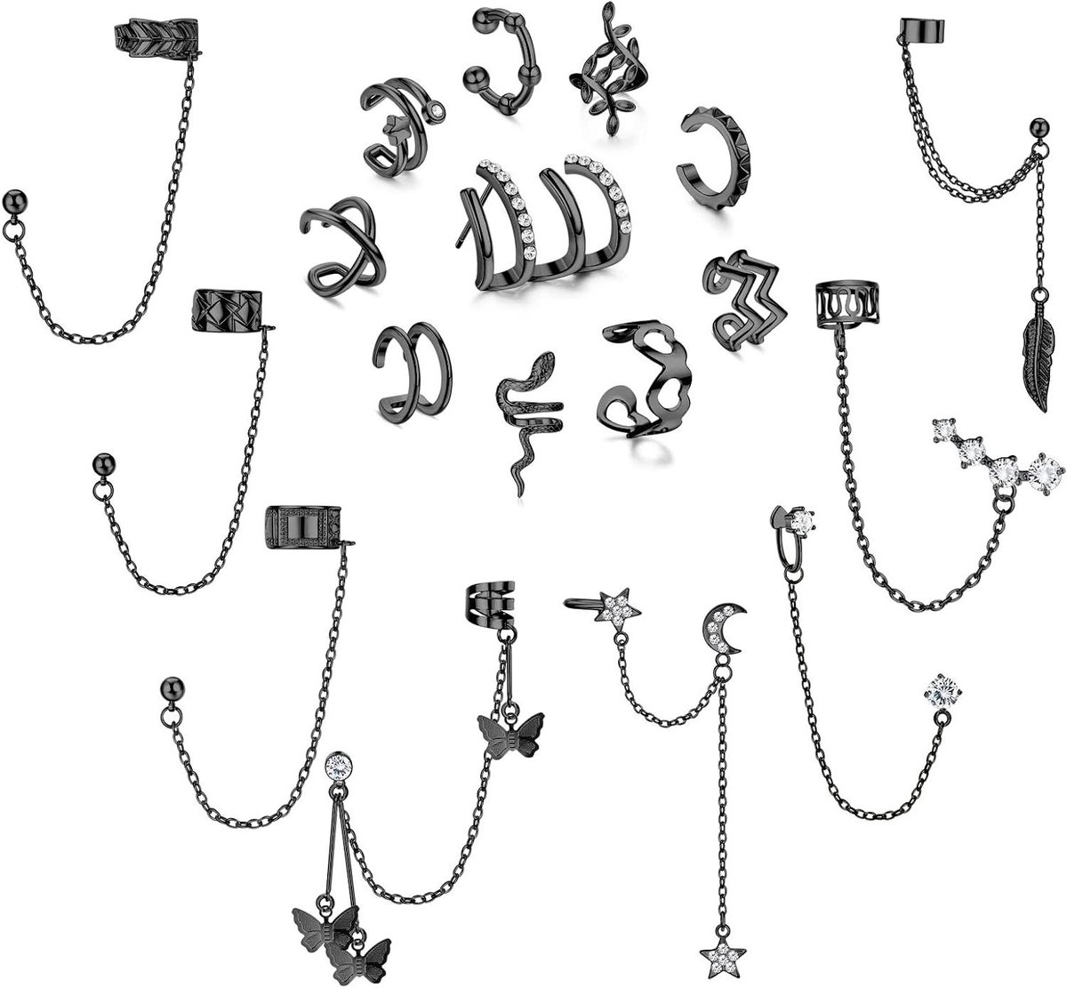 All4You - 18-delige set oormanchetten voor dames met ketting - clip-on helix - nep-kraakbeenpiercing