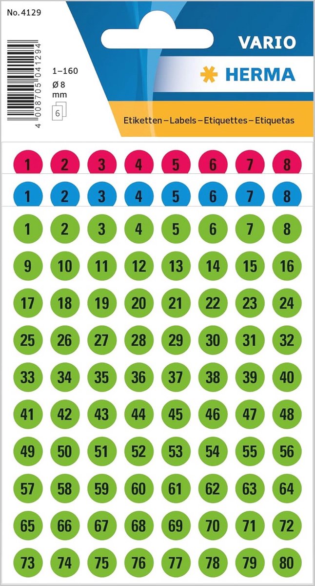 Ronde Nummer Stickers 1-160 - Zelfklevend, Permanent, Multicolor (Ø 8mm, 480 Labels)