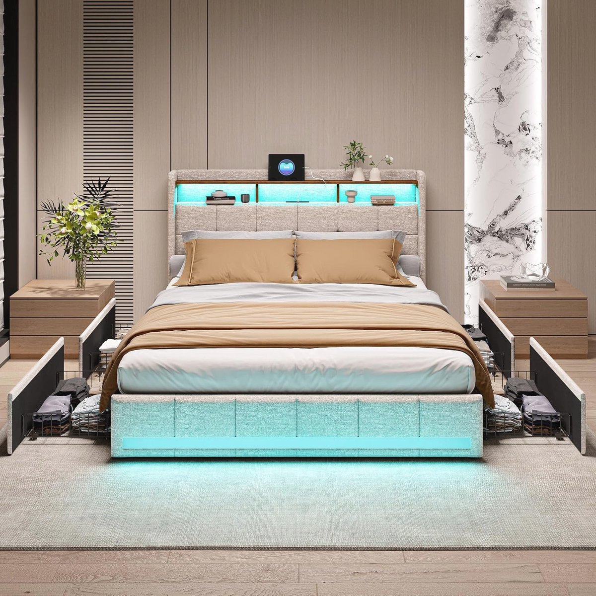Bedframe 140 x 200 cm met LED-verlichting, USB-oplaadpunten en 4 opbergladen