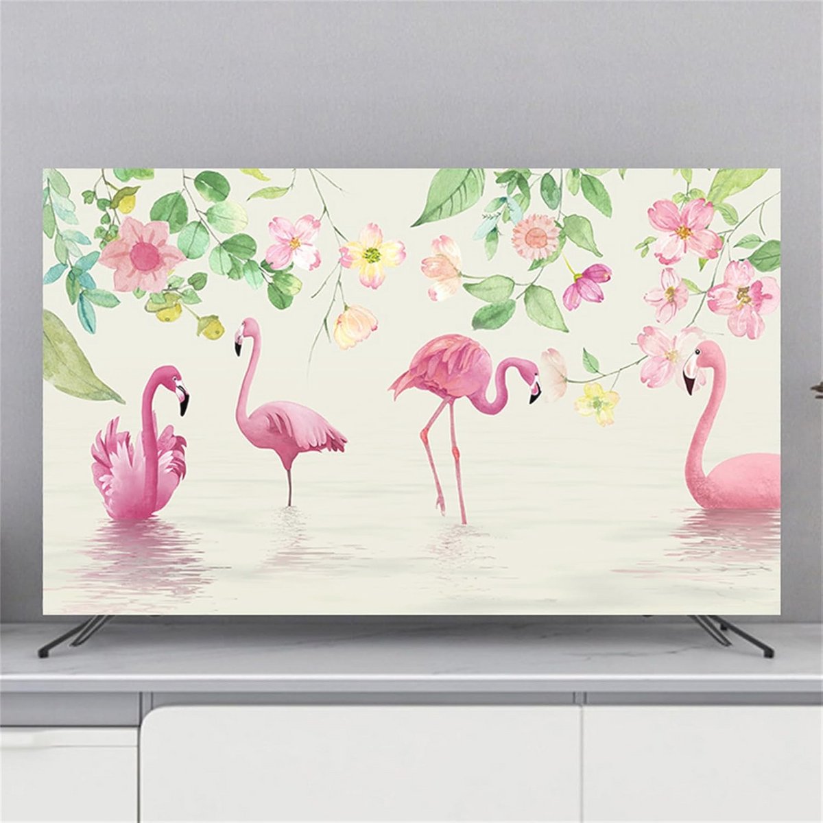 Treer Stofdichte afdekking voor televisie, elastische stof, universele schermbescherming voor tv's van 82-80 inch binnenruimtes, tv/pc-deken (149 cm, roze flamingos)