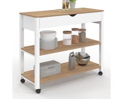 IDMarket - Keukenwagen PENH XXL met lade en werkblad wit dienbladen in beukenlook L 100 cm