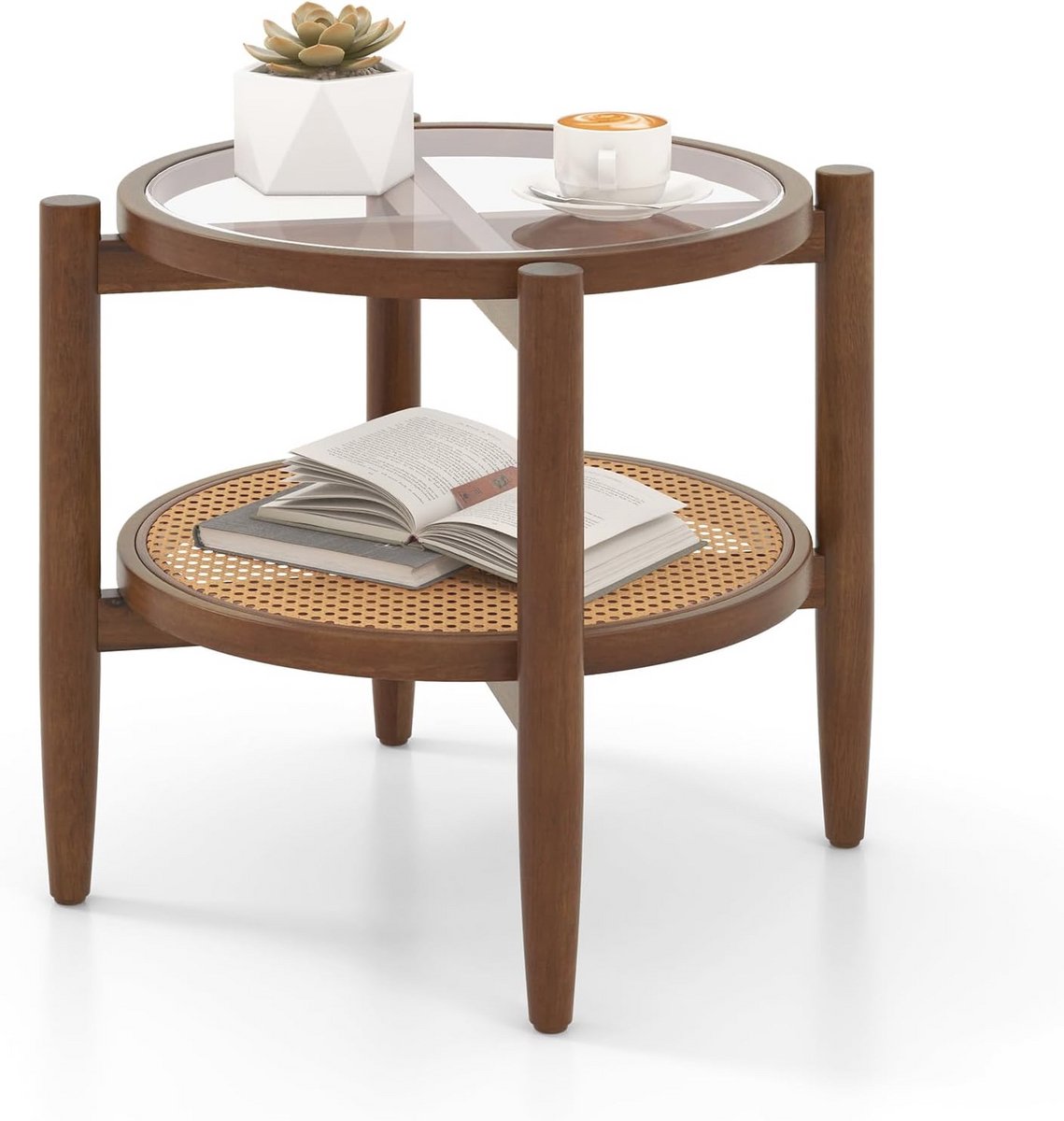 Ronde salontafel - Bijzettafel Lage tafel - Woonkamer decoreren - 2 verdiepingen - 46 x 64 cm - Bruin
