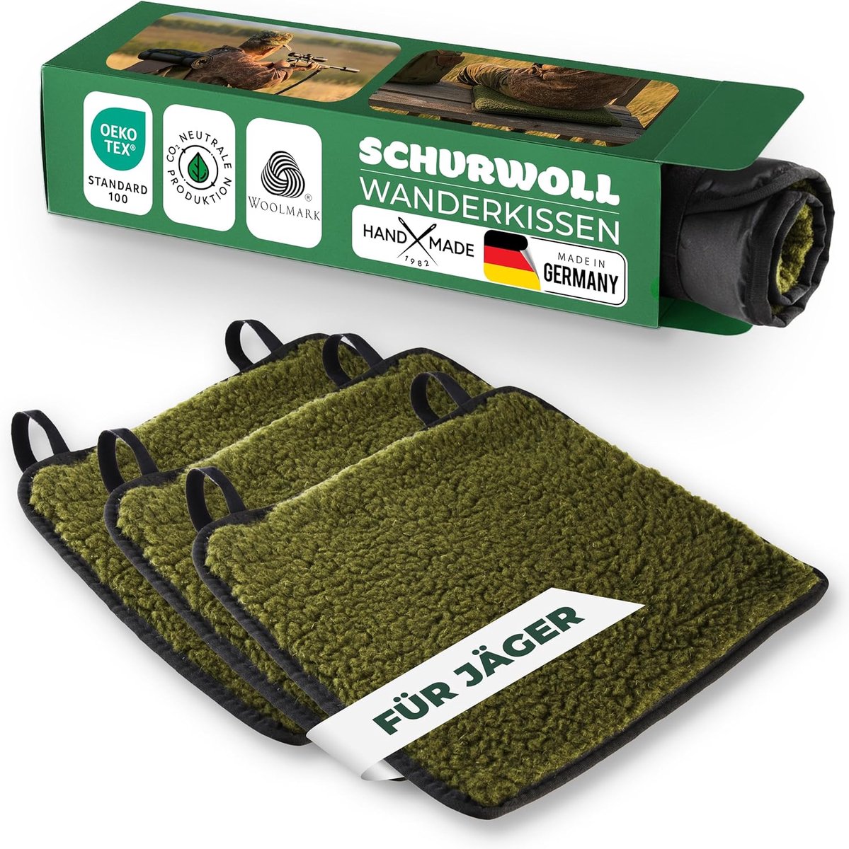 Novaliv 3-delige set jacht-/zitkussens, puur wol, 38 x 38 cm, mosgroen, waterafstotende polyamide achterkant, PU-gecoat, isolerend tegen de koude grond, warm en ademend, voor drijfjachten, hoge zitplaatsen/zitplaatsen.
