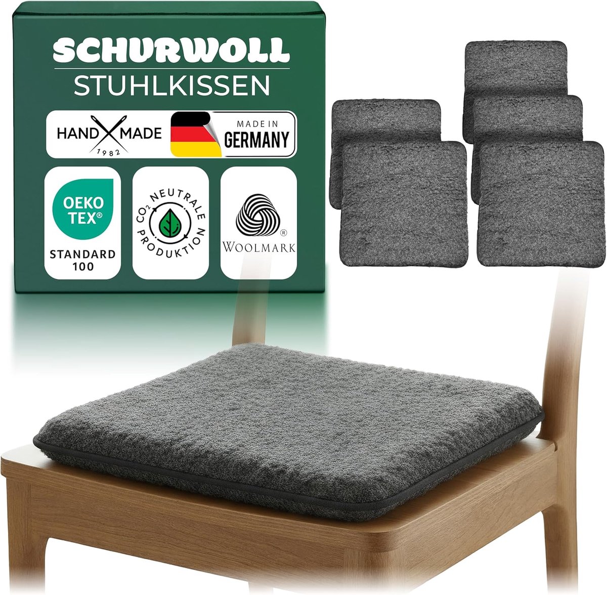 Novaliv 6-delige set zitkussens, puur wol, dubbelzijdig, 38 x 38 cm, antraciet, omkeerbaar, natuurlijke wol, temperatuurregulerend en ademend, robuust, bankkussen voor de eetkamer, onderhoudsvriendelijk, handgemaakt in Duitsland