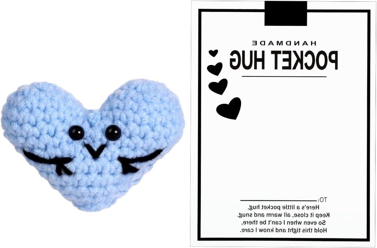 All4You - Pocket Knuffelhart 7,5x5,5cm Blauw - Schattig Gehaakt Hart met Wenskaart - Grappig en Klein - Positief Voor Vrienden en Familie - Decoratie