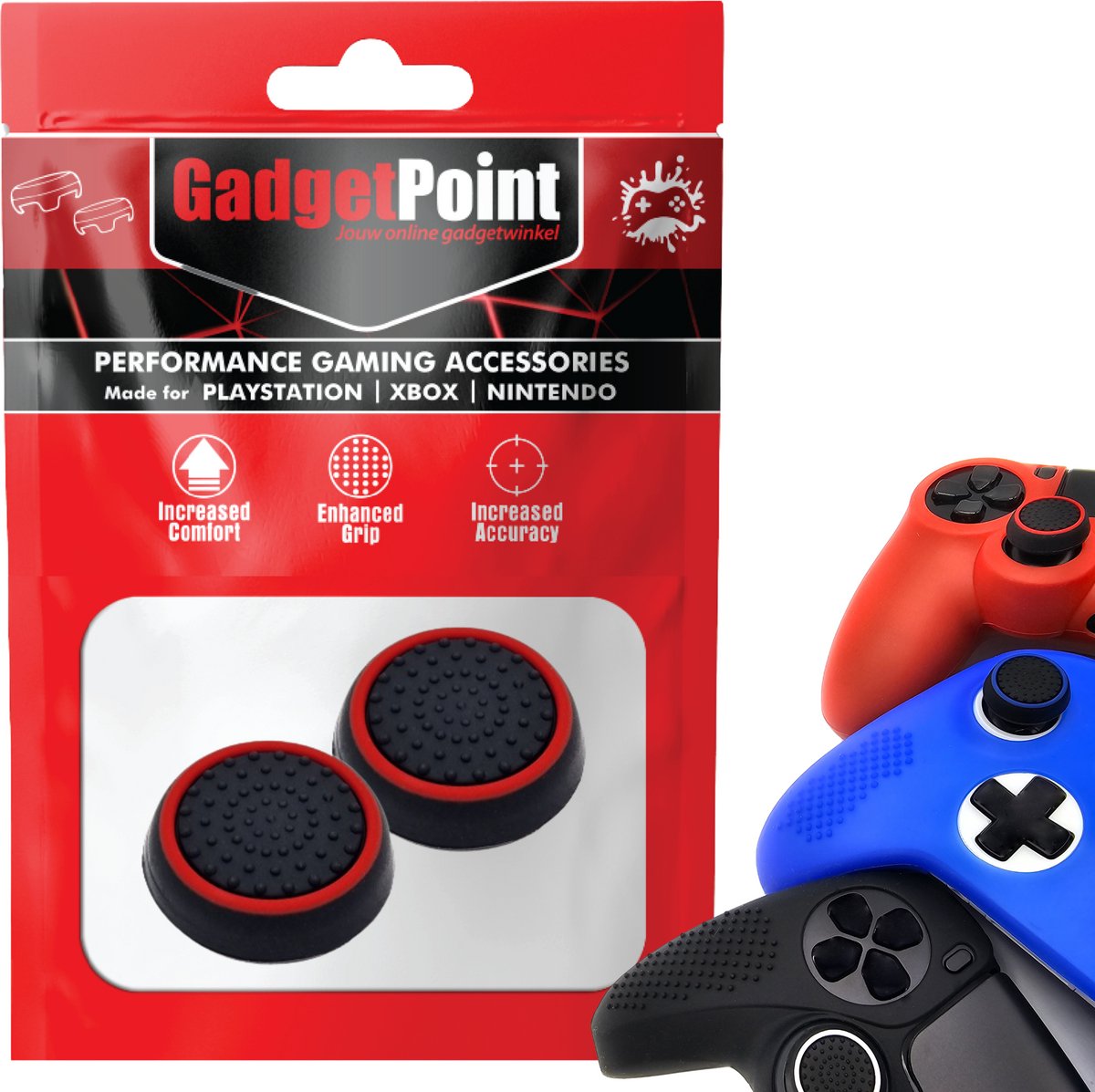 Gadgetpoint - Thumb Grips voor PlayStation, PS5, Xbox X/S, One & Switch Pro Controller - Gaming Thumbgrips - Performance Anti-Slip Thumbsticks - Bescherming Accessoires - Zwart/Rood