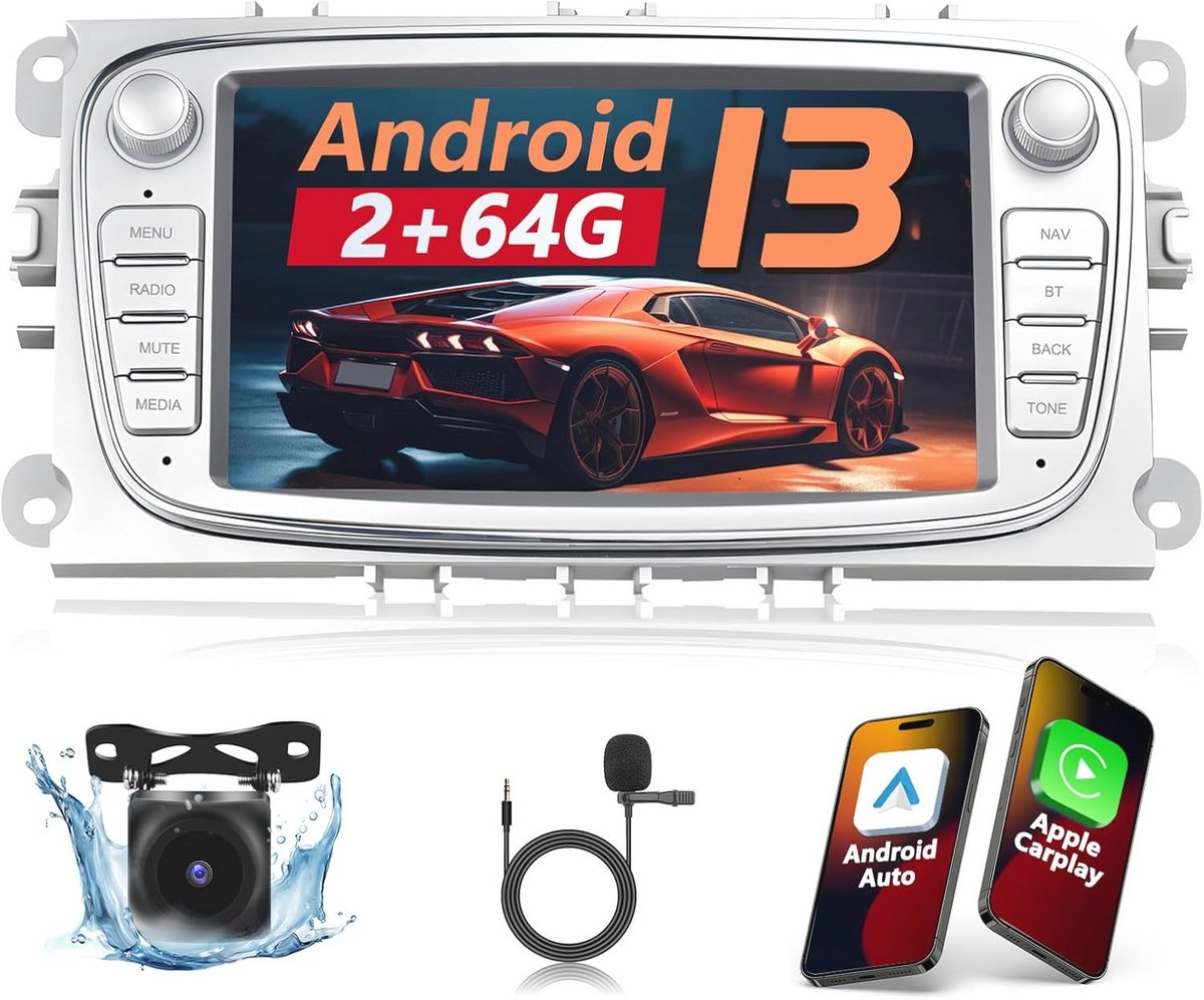 Autoradio met Draadloze Carplay en Android Auto voor Ford Focus, C-Max, S-Max, Mondeo, Kuga en Galaxy - 7" Scherm, GPS, RDS, Achteruitrijcamera en Microfoon