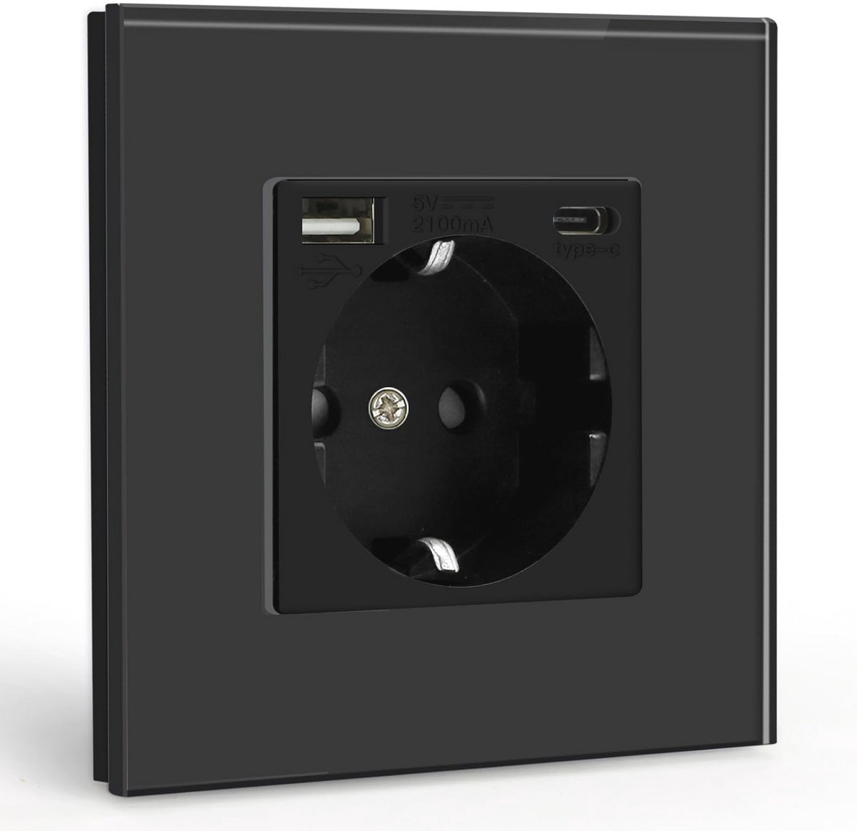 Stopcontact met USB en Type C Poort - Zwart Glas
