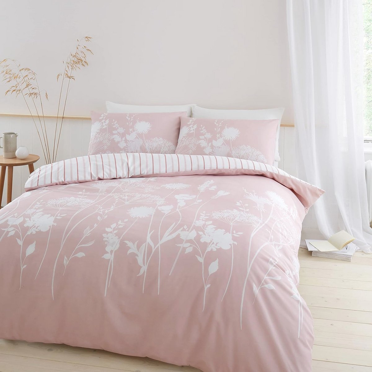 Omkeerbaar Eenpersoons Dekbedovertrek Set met Bloemen in Blush Roze