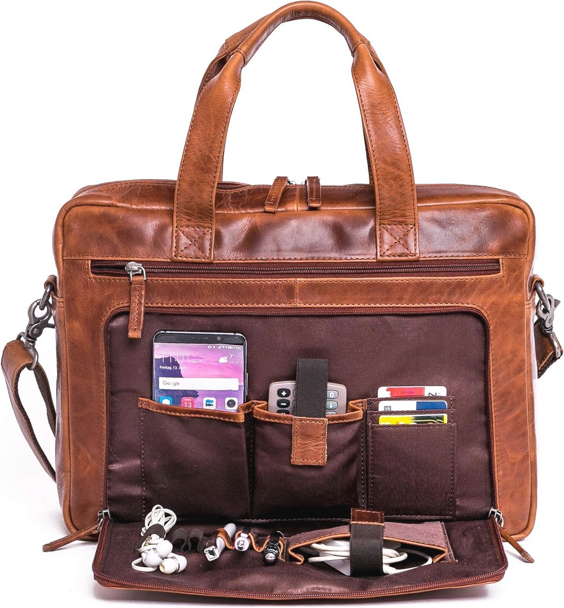 Leren laptoptas met schouderriem - Premium rundleer, ideaal voor werk en studie