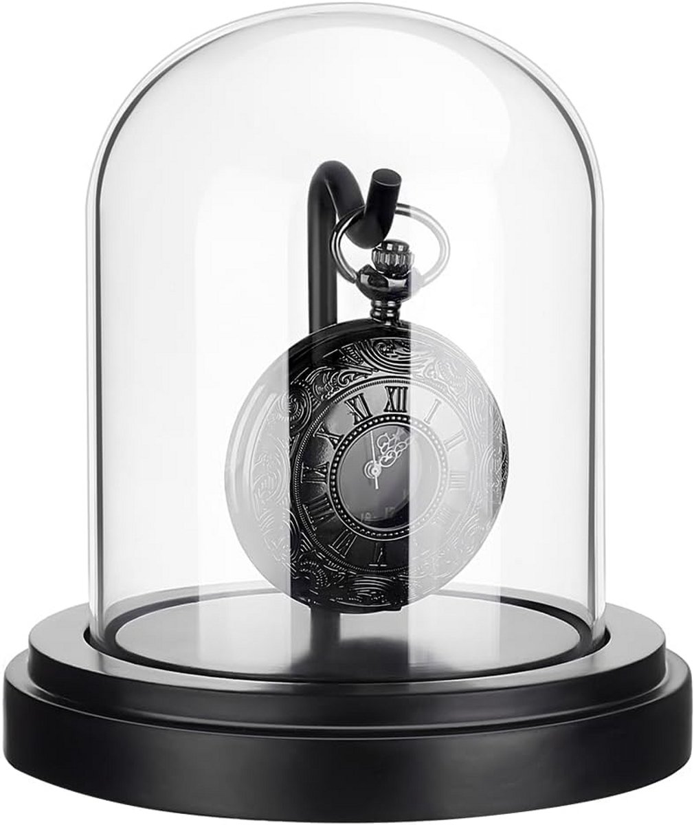 Glazen Stolp met Houten Basis voor Zakhorloge, Medailles en Sieraden