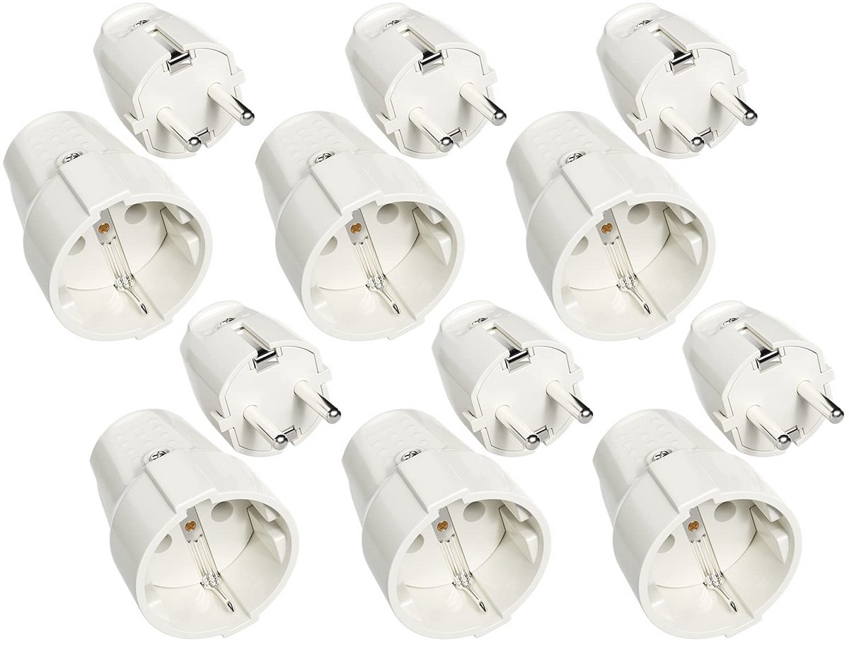 Schuko Stekker en Koppeling Set - 6 Stuks, 230V, 16A, 3,7kW - PVC, 2-Polig, IP20 Geaard - Wit Voor Binnenshuis