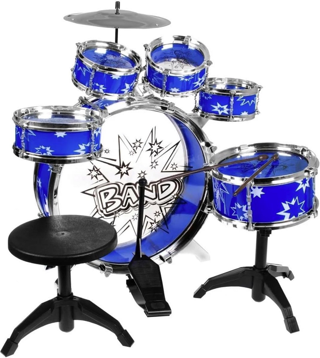 Kinderdrumset met kruk en trommelstokken, 9-delig, blauw
