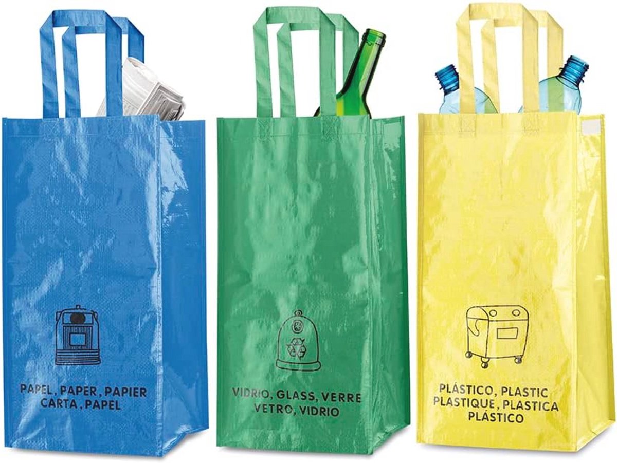 Duurzame Recycling Vuilniszakken - 3 Zakken met Handgrepen voor Kunststof, Glas, Papier en Karton - 23L