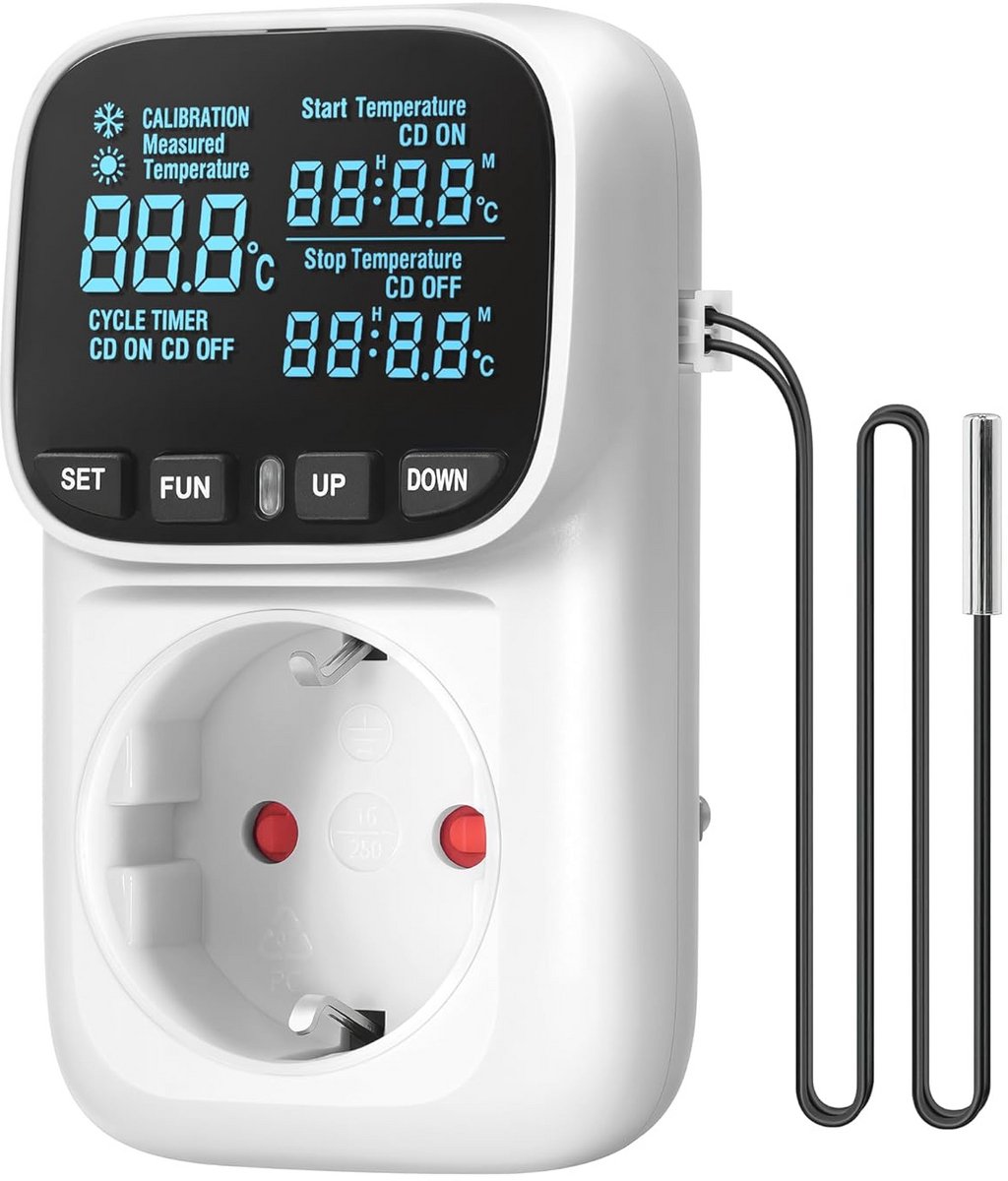 Digitale Temperatuurregelaar met Sensor en LCD-display - Stopcontact 230V voor Kassen, Koelkasten en Aquaria