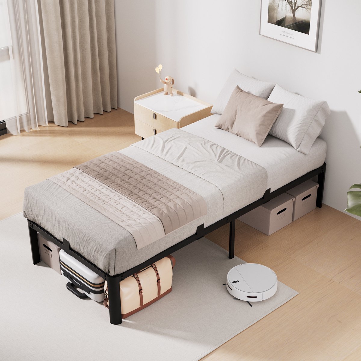 CECIPA® Metalen Bed 90x200 cm - Minimalistisch Bedframe - Extra Stevig - Anti Slip - Grote Opbergruimte - Eenvoudig te Monteren - Lattenbodem - IJzeren Bed - Zwart