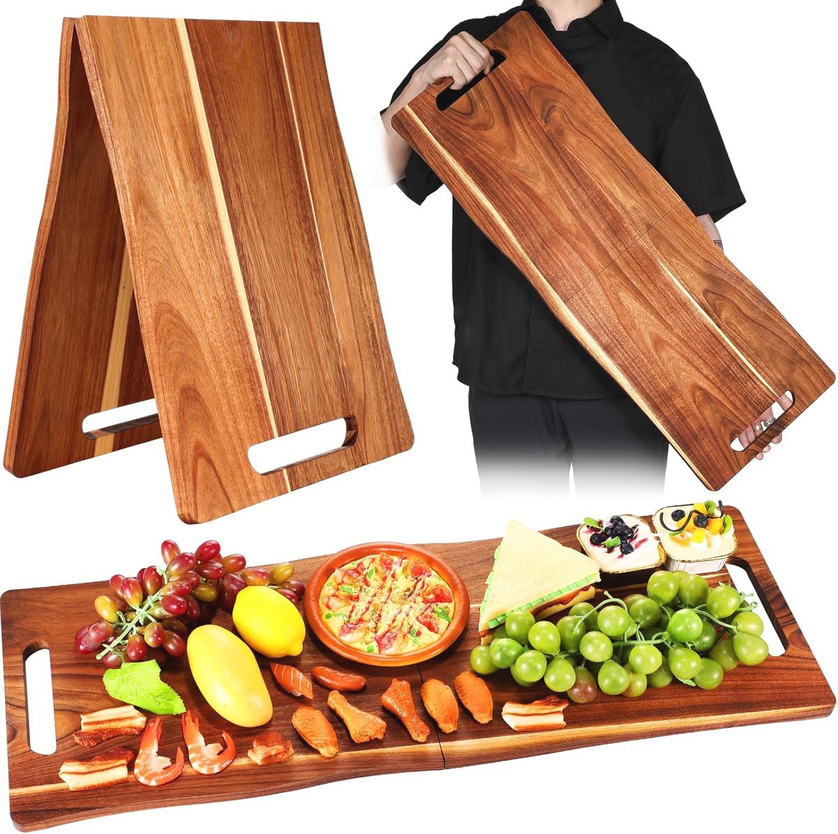 Grote Houten Charcuterie Board met Handgrepen - Opvouwbare Reizen Kaasplank 70 x 30 cm
