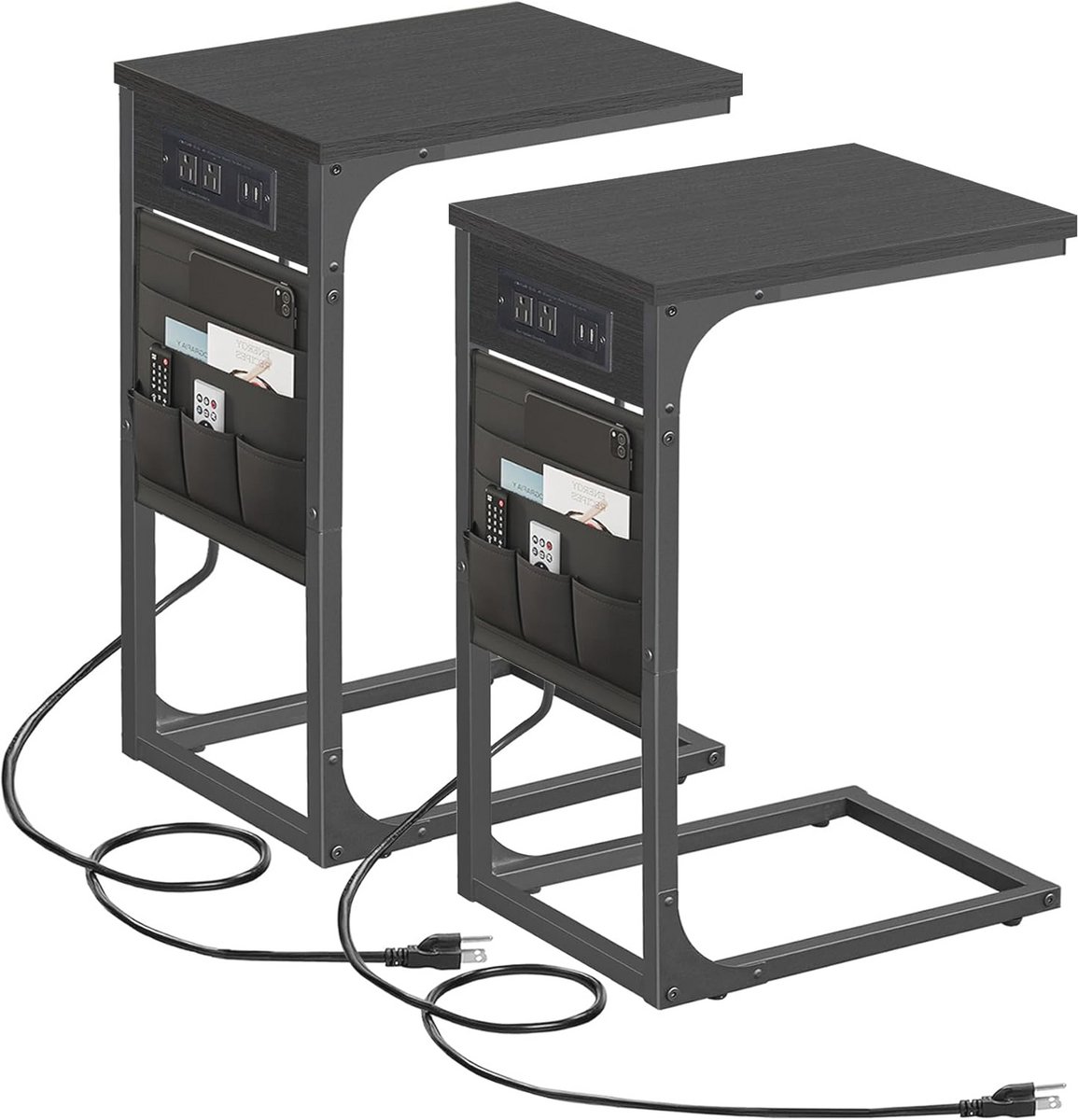 C-vormige bijzettafel met laadstation - 2 USB-poorten en stopcontacten, set van 2