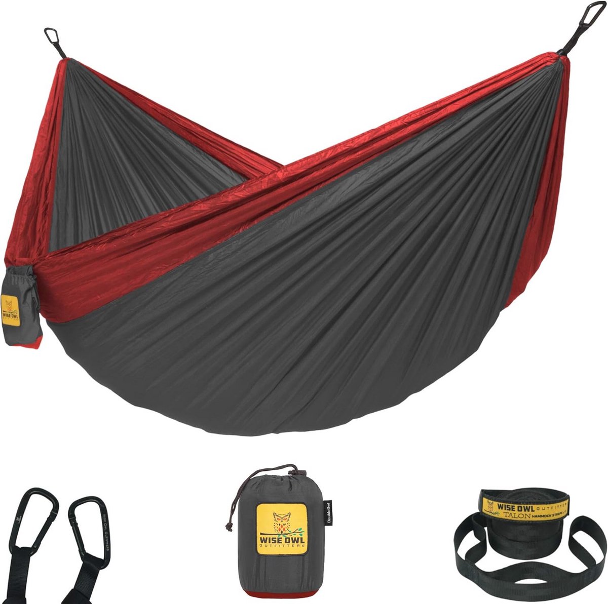 Draagbare dubbele hangmat voor camping en outdoor - lichtgewicht parachute nylon in rood en houtskool
