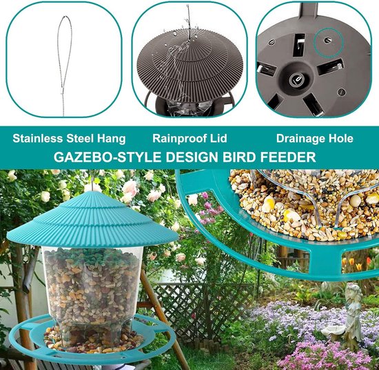 Mangeoire à Graines pour Oiseaux pour l'Extérieur - Mangeoire Suspendue pour Jardin avec Grande Capacité et Orifices d'Alimentation Multidirectionnels