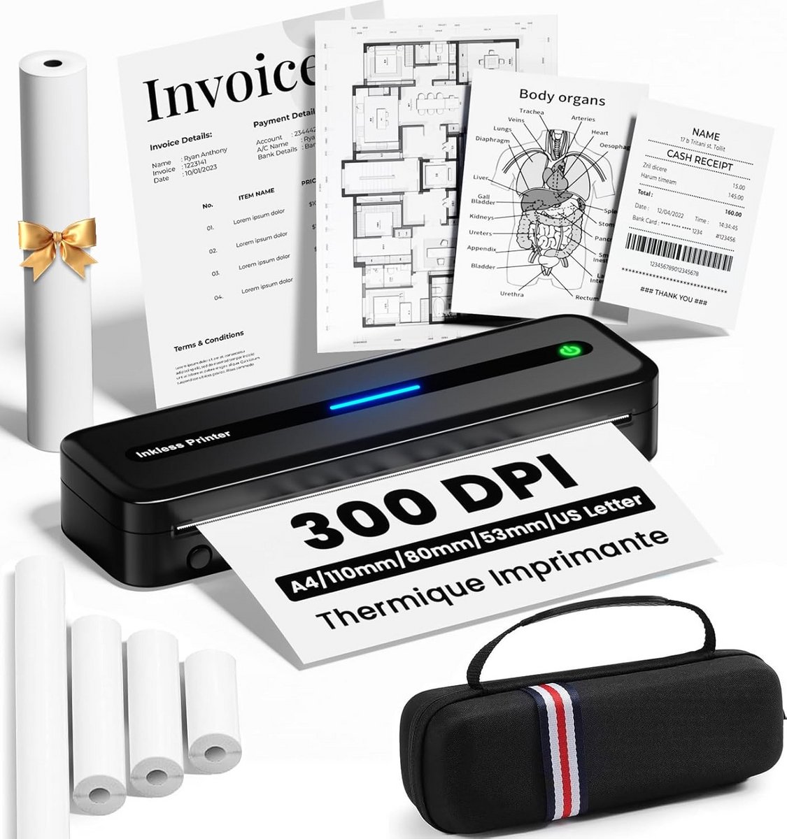 Draagbare A4 Thermoprinter voor Onderweg - Mobiele Reisprinter met Thermisch Papier