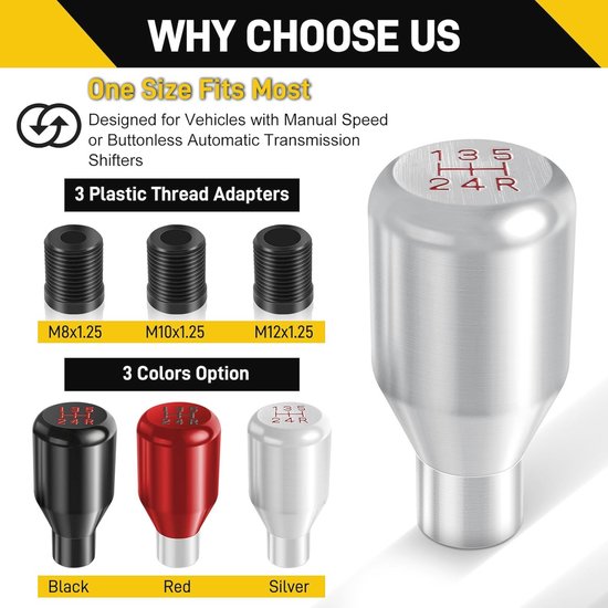 Universele 5 Versnelling Auto Versnellingspook Knop - Handmatige Schakelhendel met Metalen Afwerking en 3 Adapters van universele — afbeelding 4