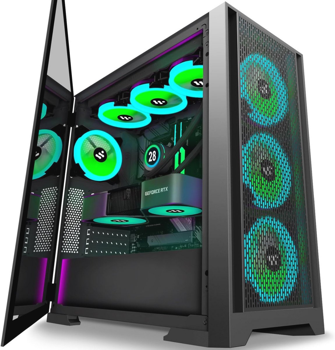 KEDIERS PC-behuizing met 7 PWM ARGB ventilatoren - E-ATX Tower van gehard glas, zwart