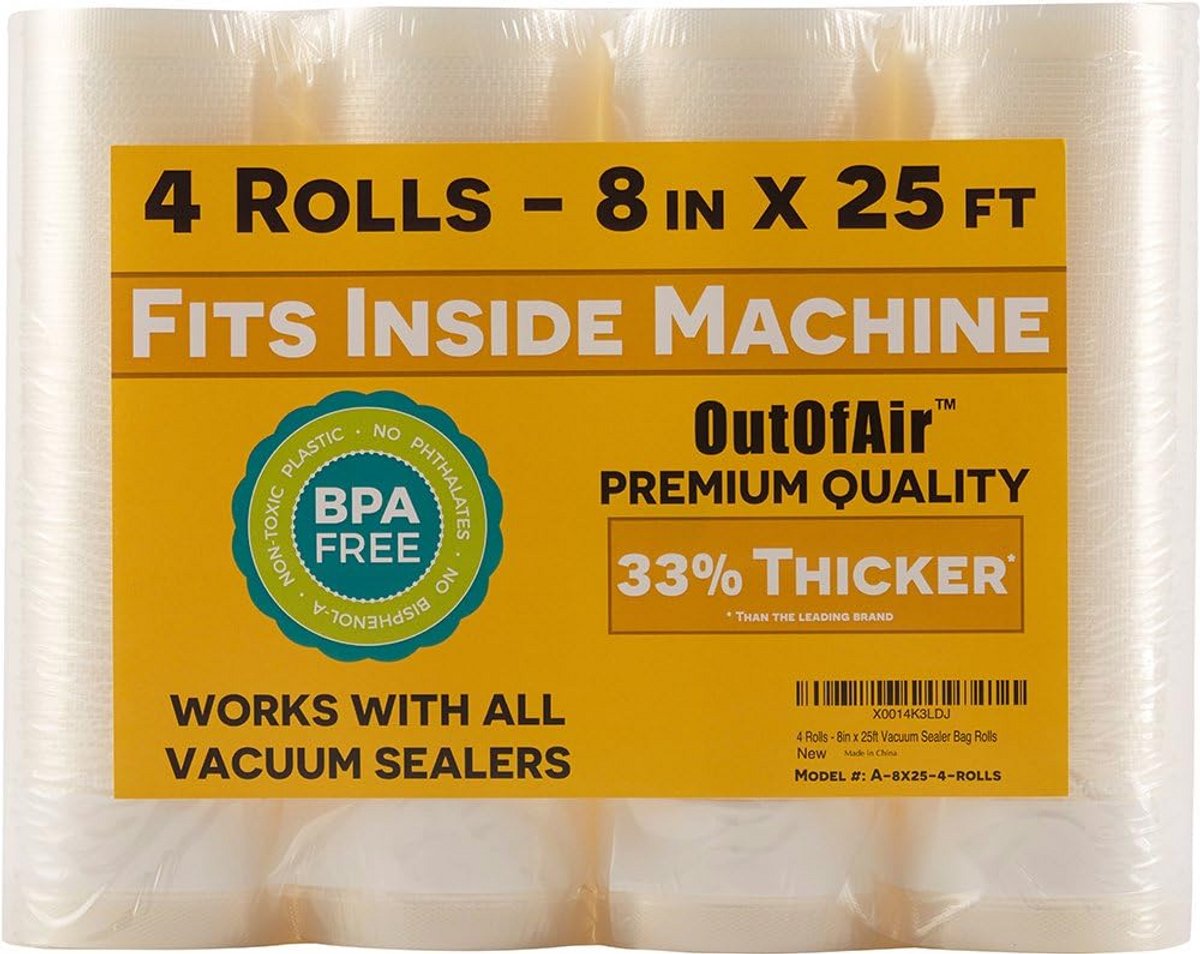 Vacuum Sealer Bag Rolls 8" x 25' - Pack van 4 - BPA vrij en Dikker voor Sous Vide