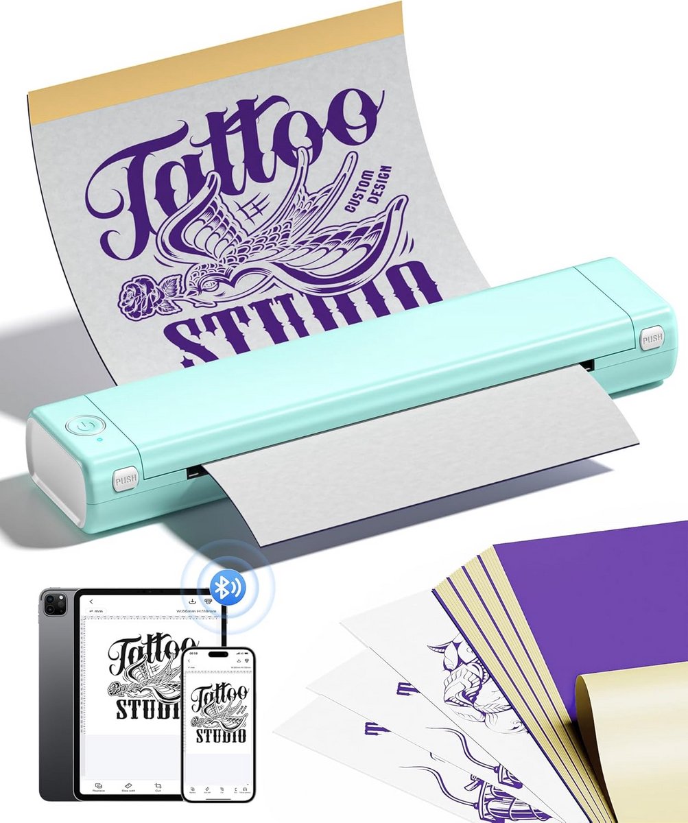 Tattoo Stencil Printer - Draadloze Tattoo Transfer Machine met 10 Stuks Transferpapier, Bluetooth Verbinding voor Smartphone & PC, Compact en Lichtgewicht