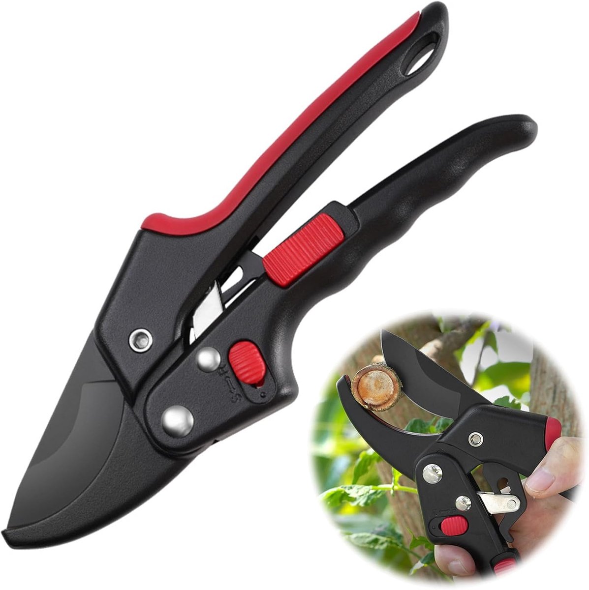 Ratelsnoeischaar/takkenschaar, voorzien van SK5-bladen en met Teflon gecoate snijbladen, ergonomische tuinschaar.