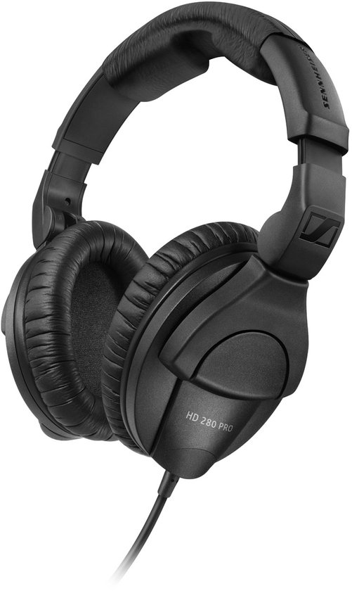 Zwarte Sennheiser HD 280 Pro koptelefoon, met de oorschelpen naar voren wijzend.