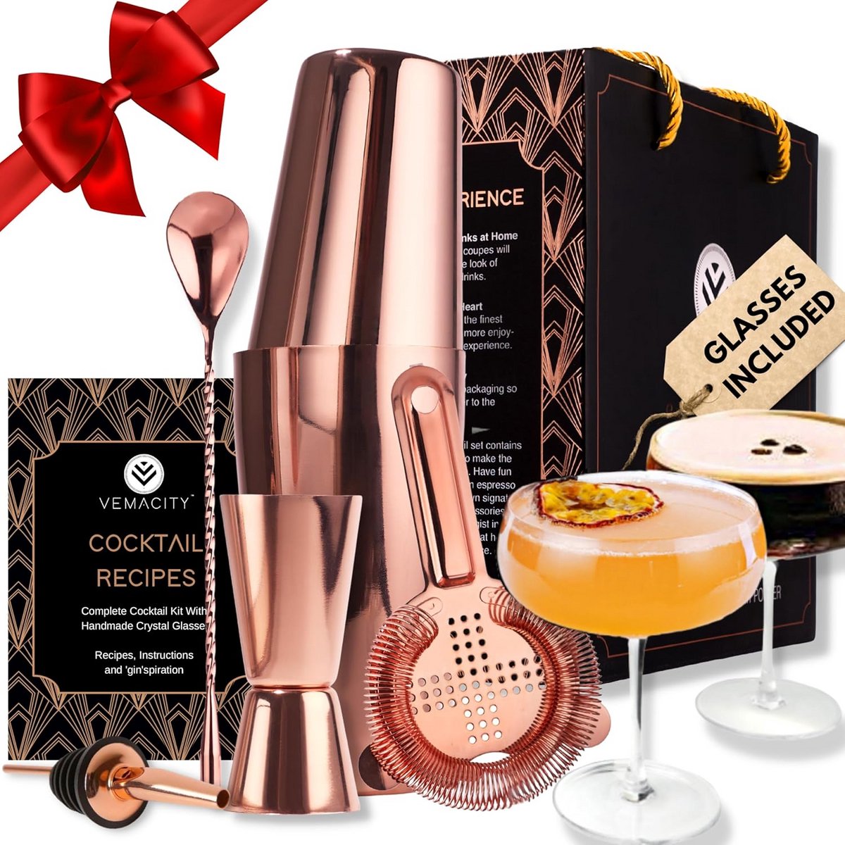 CocktailShakerSet met Handgemaakte Martini Glazen - Roségoud - Perfect voor Geschenken