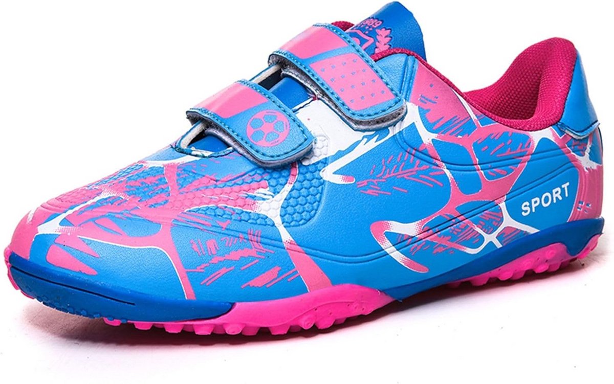 Lichtgewicht kindervoetbalschoenen in blauw met roze, voorzien van klittenbandsluiting en sportief ontwerp voor jongens en...