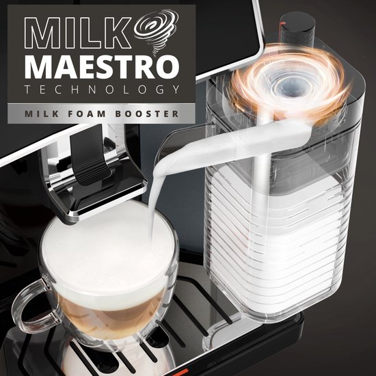 Close-up van de interne reiniging van de melkkan van de Krups Sensation espressomachine, met "Melk Maestro Technology".