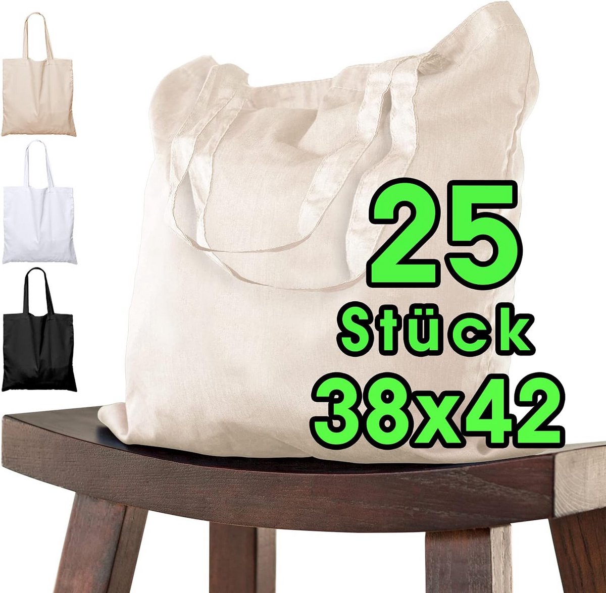 Katoenen opvangzak 38x42 cm - 25 stuks met kort handvat - OEKO-TEX® gecertificeerd - Draagtas, stoffen tas, boodschappentas