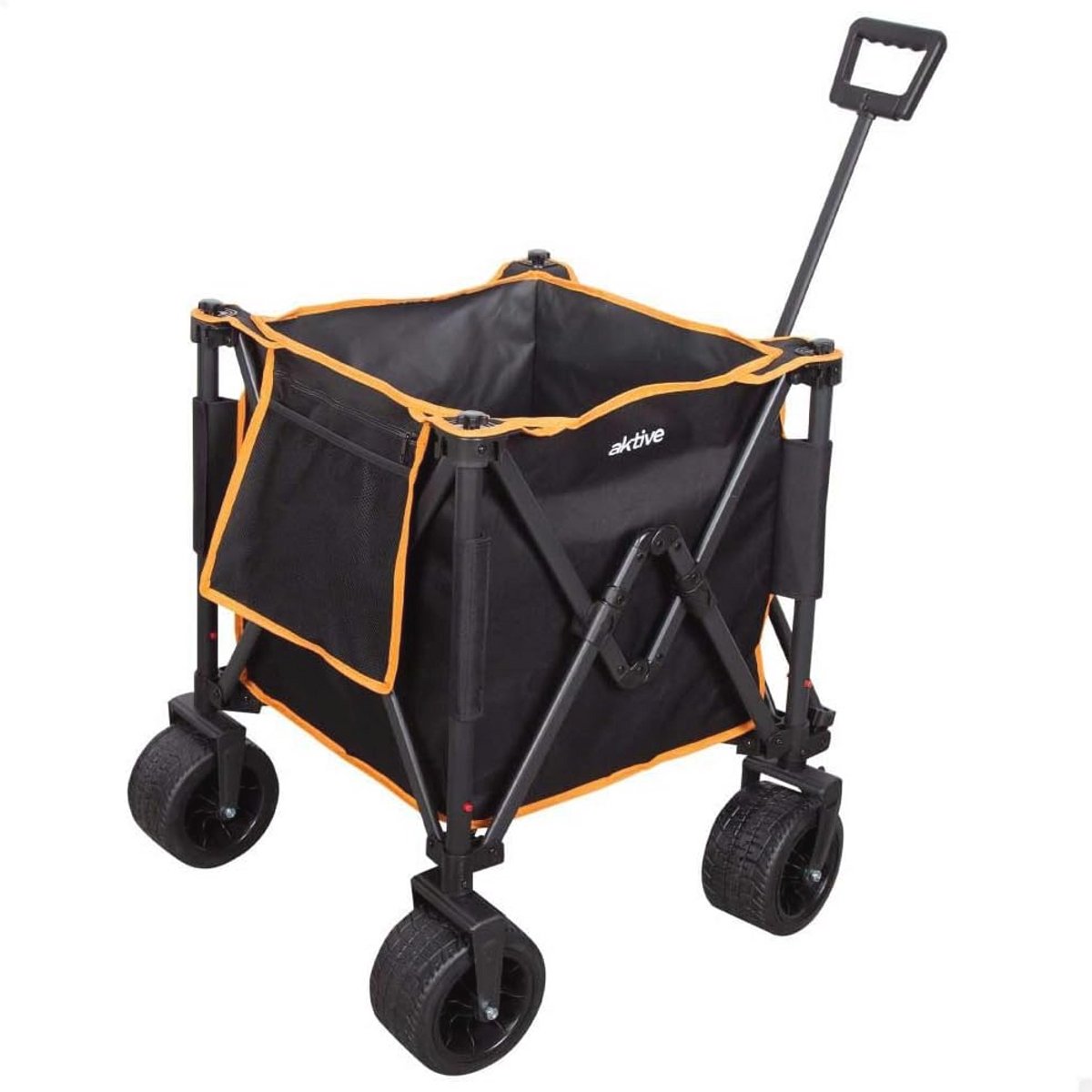 AKTIVE Opvouwbare Transportwagen voor Strand, Tuin, Camping - Tot 80 kg, Robuuste 360° Draaibare Wielen Met Remmen, Multi-Hoekgreep, Met Tas, Zwart en Oranje, Bagagedrager (62374)