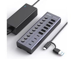 FIDECO 60W aangedreven USB-hub voor laptop en pc, 10-poorts 10Gbps USB-splitter met 12V 5A voedingsadapter, aluminium USB 3.2 Gen 2 multipoort-adapter, 6 USB-A-poorten en 4 USB-C-poorten