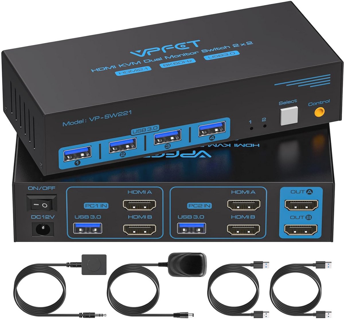 HDMI KVM Switch voor 2 Monitoren en 2 Computers met 8K Ondersteuning - Dual Monitor KVM Switch met USB 3.0 HUB
