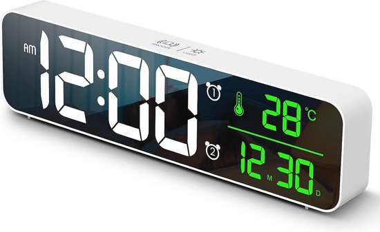 Xakay Digitale klok met groot display, afstandsbediening, digitale kalender, LED-wekker, dagklok, LED-wandklok, datum, luchtvochtigheid, 12/24 uur, dimmen 0-100