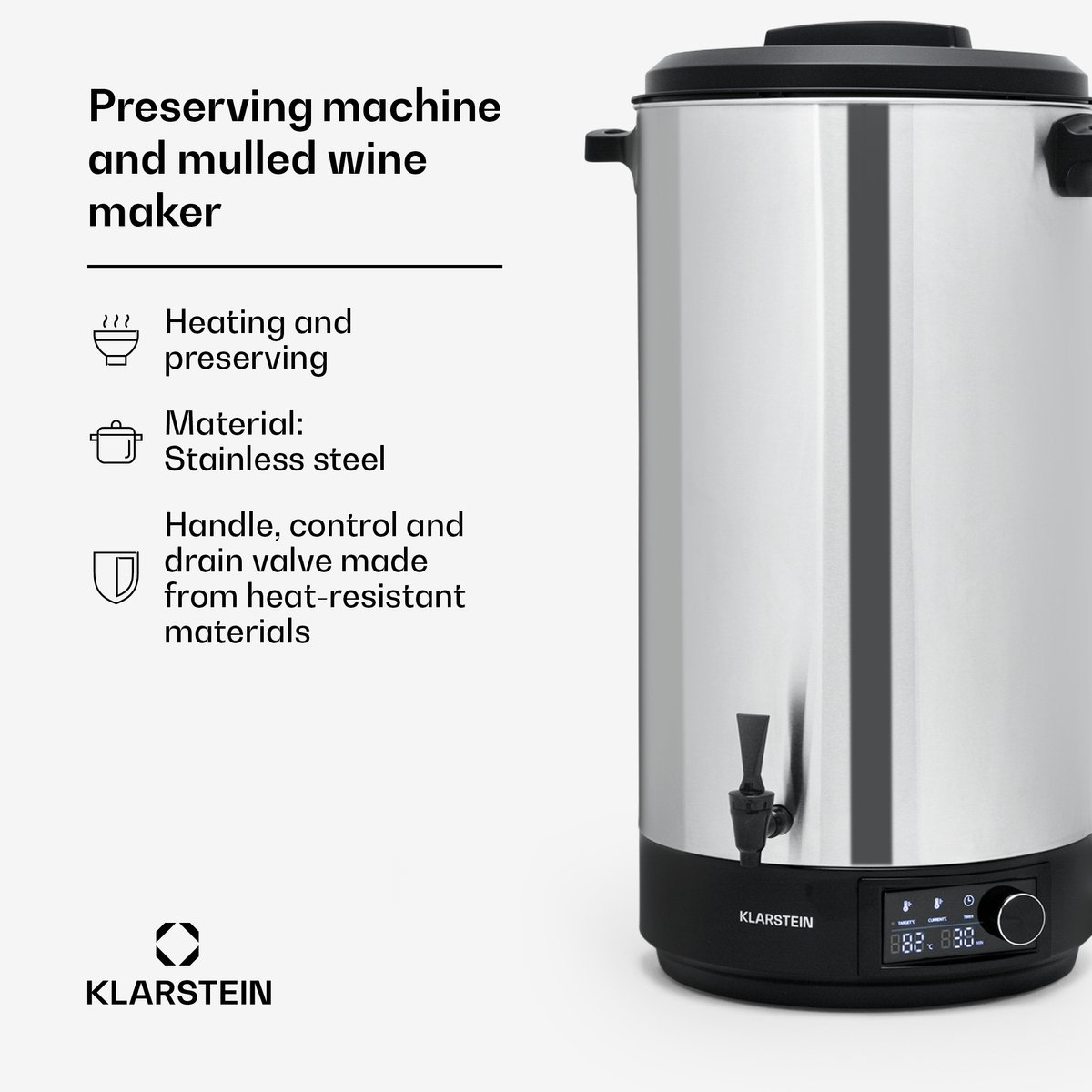 Klarstein Inmaakautomaat Inmaakmachine met kraan - Heetwaterdispenser - 60 L - glühweinketel - Met kraan - 2500 W - elektrisch - Roestvrij staal - 30-100°C - voor Inmaak voor glühwein - RVS - glas Touch - Weckautomaat - Inmaakketel