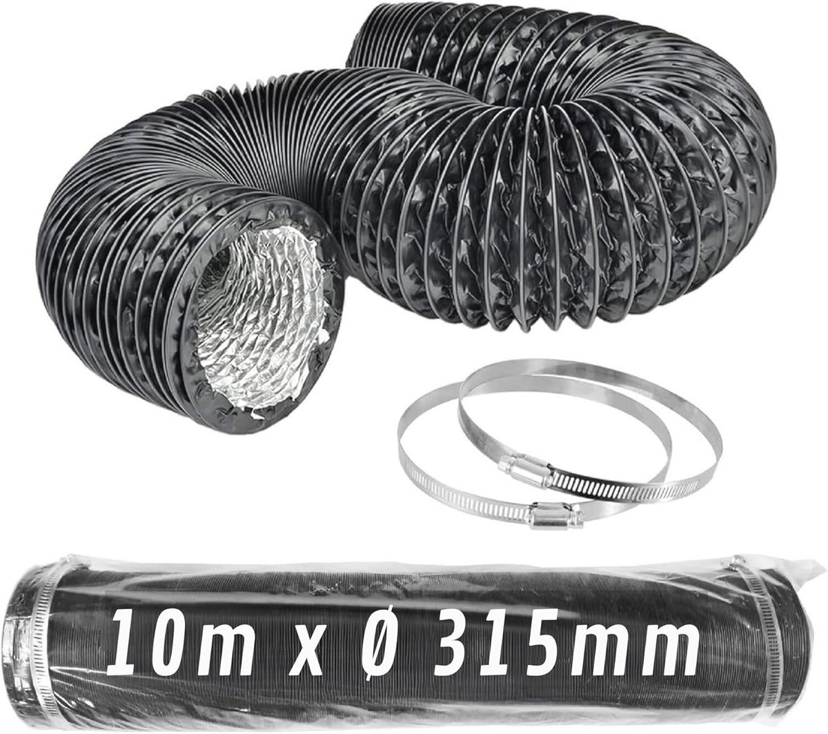 Flexibele aluminium ventilatieslang 10m - Ø 315 mm, met klemmen