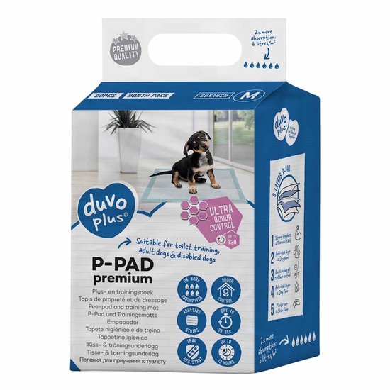 Verpakking van 30 Duvo+ P-PAD premium trainingsdoekjes, maat M (30x45cm), met een puppy. Met "ULTRA ODOUR CONTROL".