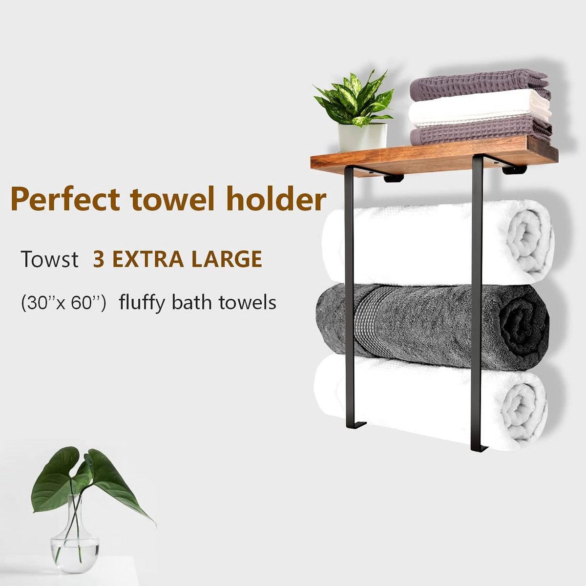 Handdoekenrek met plank - Opbergrek - Badkamer organiseren - Minimalistisch design - 35 x 1245 x 3988 cm - Zwart