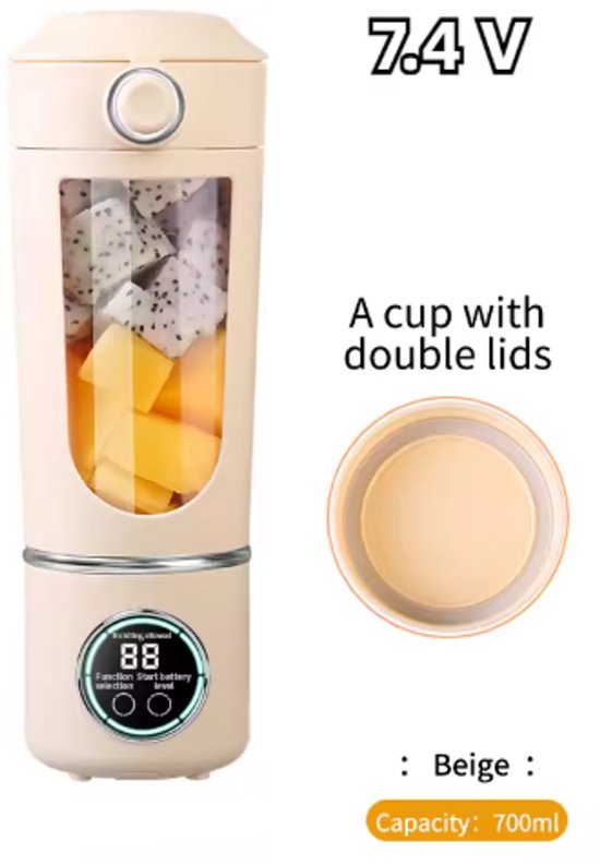 Draagbare sapcentrifuge/blender, grote capaciteit van 700 ml, duurzame stalen messen, 2-in-1 mengbeker, draagbare smoothiemaker/smoothiemaker - beige