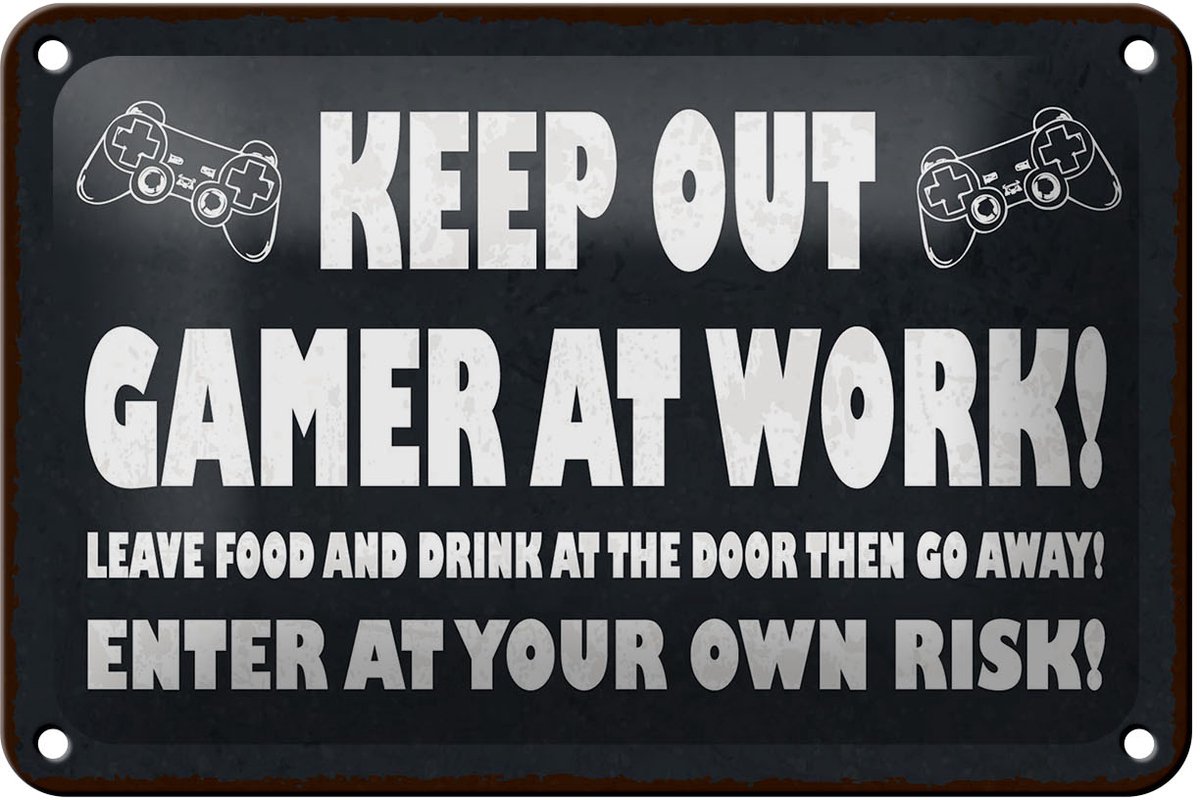 Femer Blechschild Spruch 12x18 cm Keep out Gamer at work Deko Schild Zwart