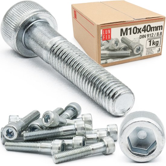 Close-up van een zeskantbout M10x40mm, met doos en stapel bouten op witte achtergrond.