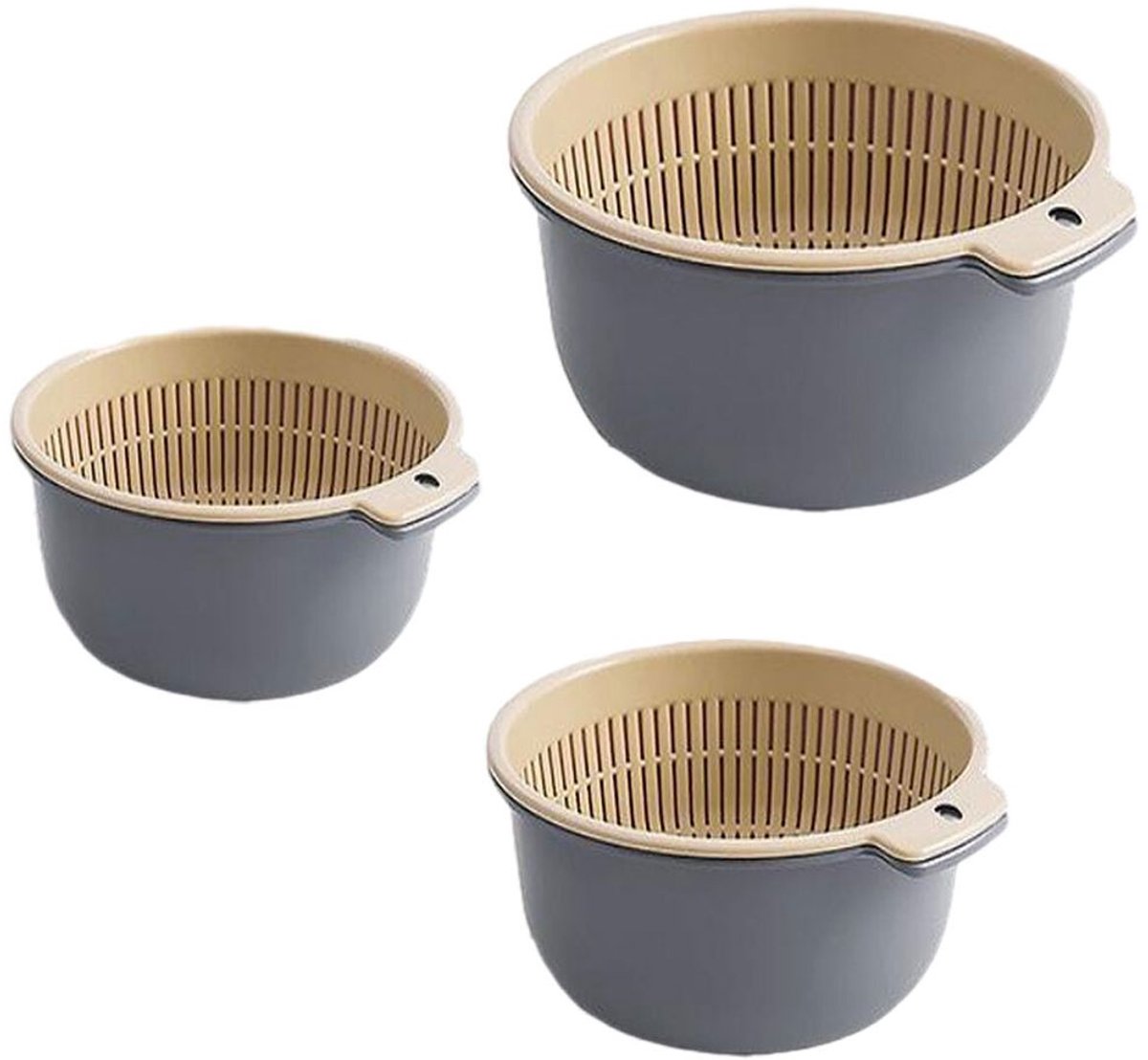 Keukenzeefset, fruit- en groentevergiet (groot + middel + klein (rond))