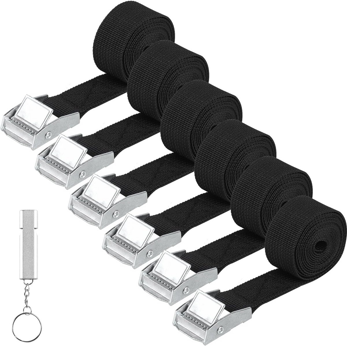 EGoods - Set van 6 verstelbare sjorbanden - Kort, zwart, 25 mm x 1 m - Voor fietsendrager, motorfiets, auto - Bevestigingsriemen voor bagage, camping